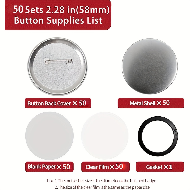 E-shop 50 Sets 58mm/2,25 Zoll Knopfzubehör für Knopfmacher-Maschine, Runde Blanko-Anstecknadeln mit Kunststoff-Rückseite, Metallabdeckung,