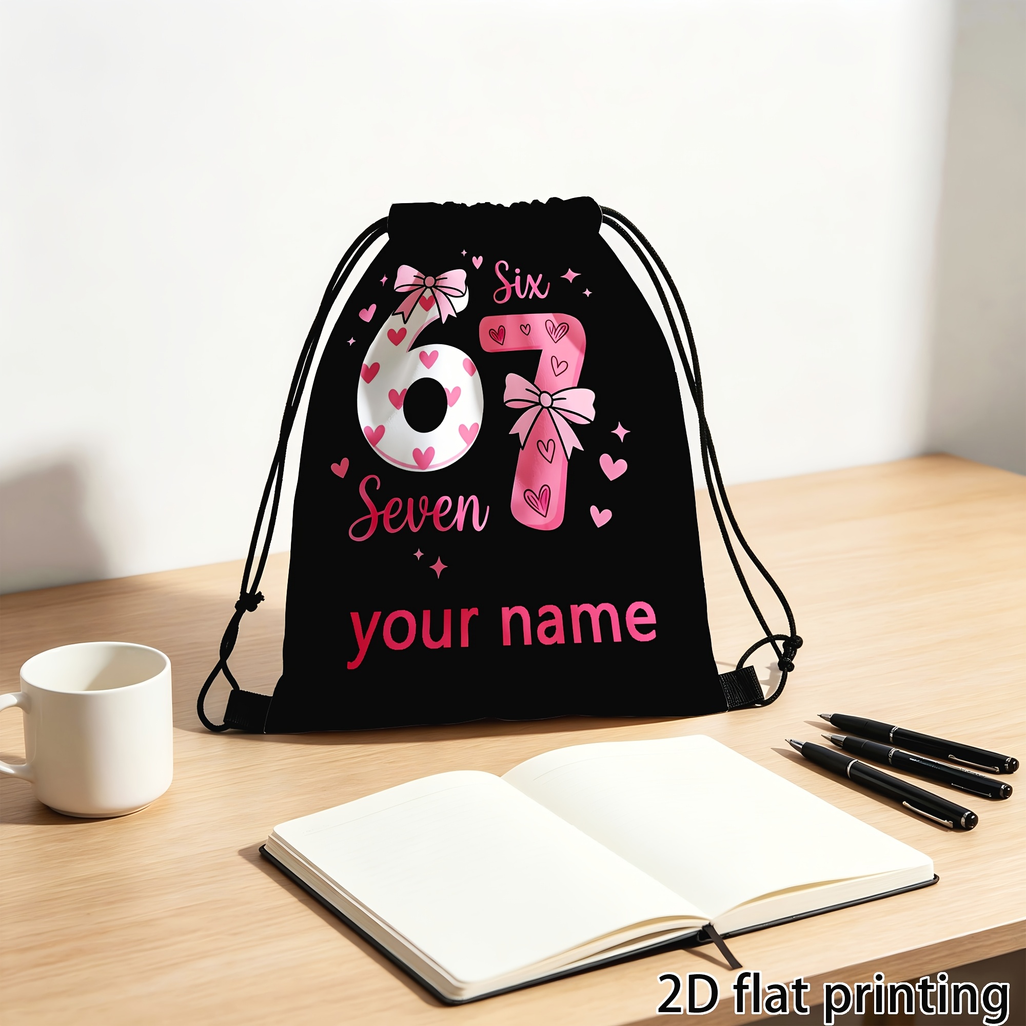 TEMU 2d Flat 1pc Cute Pink Bow Heart 67 Number Custom Drawstring Backpack, Sweet Coquette Aesthetic Themed Cinch Bag, Lightweight Portable Sack For