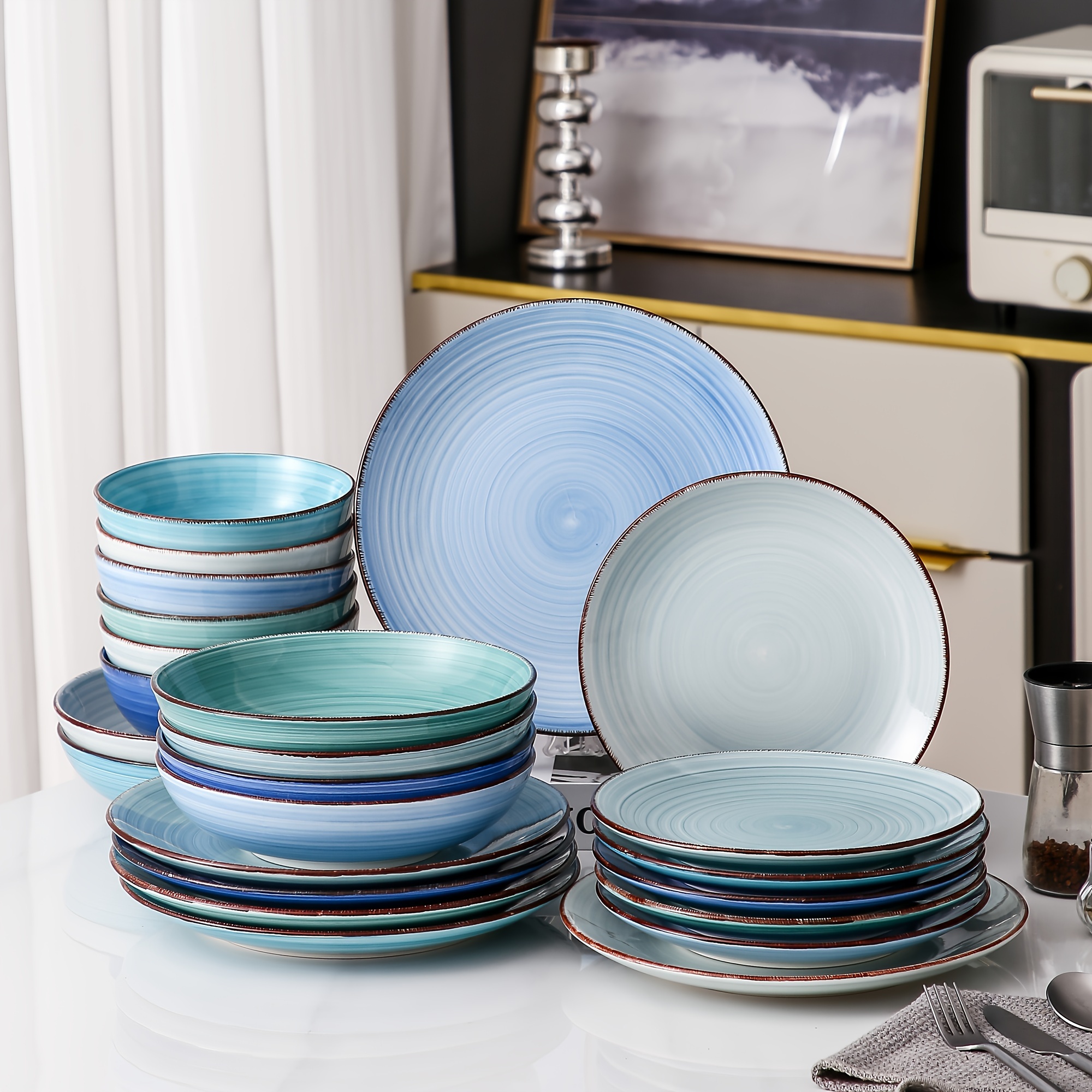 TEMU 24-piece Dinner Sets For 6 People, Blue Dinner Set, Hand Painted Plates And Bowls Set In , Dinner Plates, Dessert Plates, Pasta Bowls And Cereal