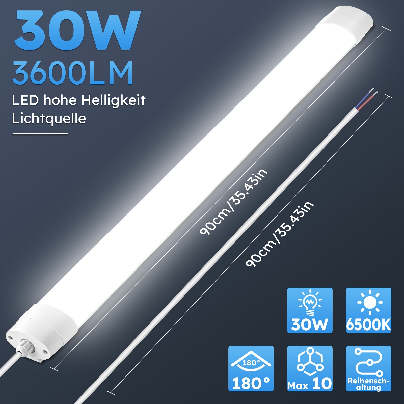 Image of Led Batten Light 4ft 3ft 2ft With 90cm Cable, 40w 30w 20w, Neutral White 4500k Cool White 6500k, For Garage, Workshop, Office, Wall, Kitchen