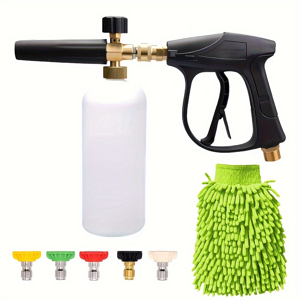 

1/4" Snow Foam Pressure Washer Gun Car Wash Soap Lance Cannon Spray Jet Bottle W/5 Nozzle + + 2 Gloves