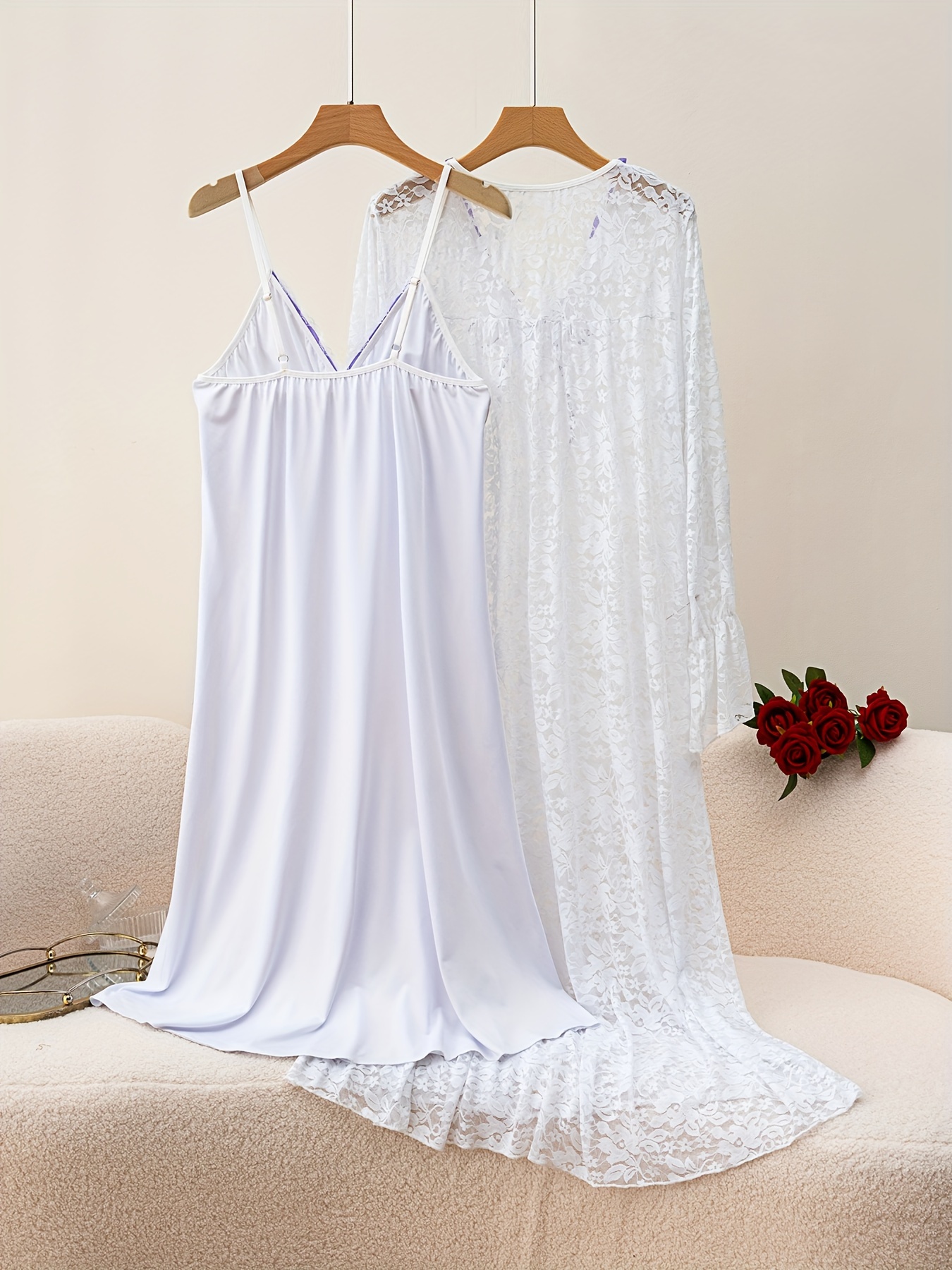 2 Piece Set Lace Trim Camisole Dress With Sheer Robe Elegant Sleepwear Loungewear Set