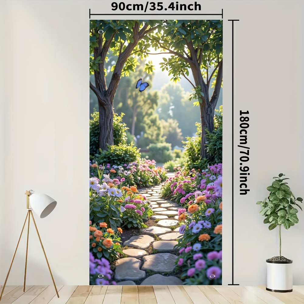 TEMU 1pc, Decorative Banner Door Curtain Featuring Floral Designs And Butterflies, Made From 100% Polyester, No Electricity Required, Suitable For