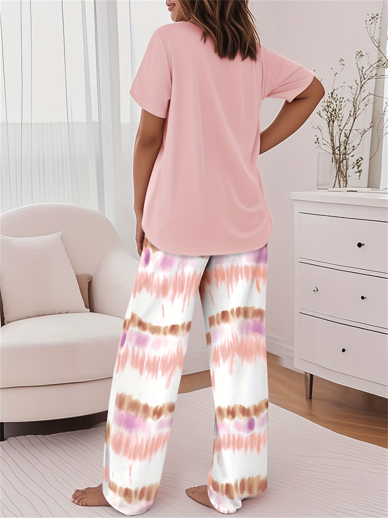 2pcs printed round neck short sleeve set gradient printed loose pants womens summer pajama set breathable   clothing two piece set Product details 4