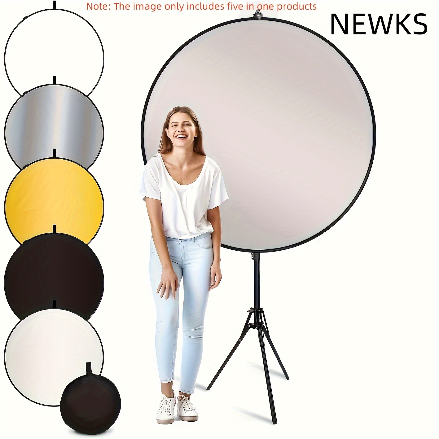 

NEWKS Réflecteur disque pliable de 43 pouces/110 cm en un panneau réfléchissant photographique avec 5 couleurs, blanc, noir, argent, doré, semi-transparent, matériau nylon pour de photographie et en