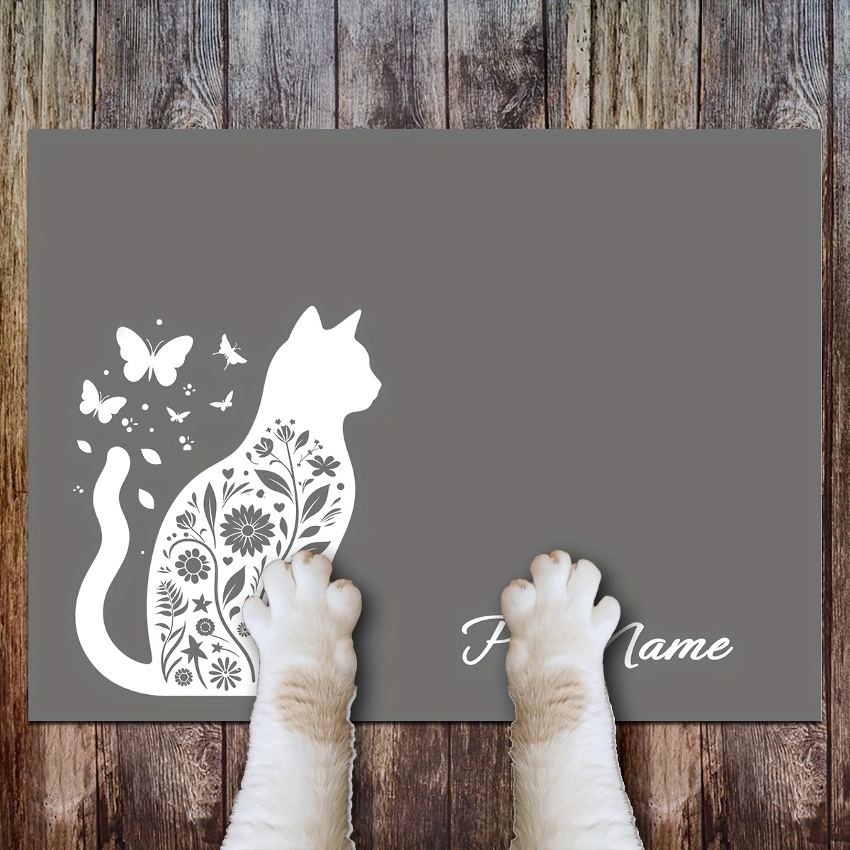 TEMU . personalisierbare Fressmatte für Haustiere mit niedlicher Cartoon-Katze, personalisierbar mit Namen, rutschfeste Bodenmatte, Matte für Futter-