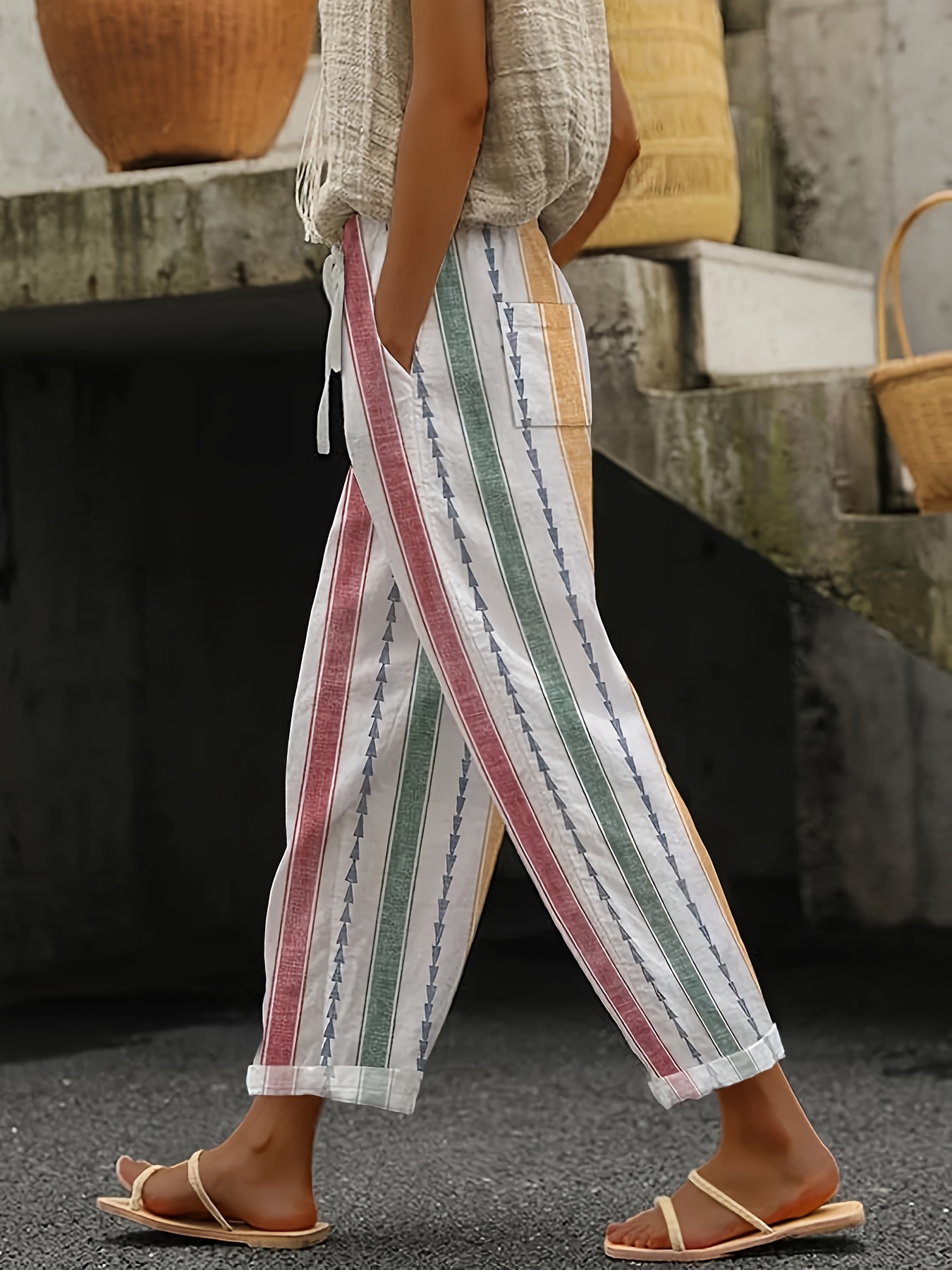 women's vintage striped pants colorful straight - Temu