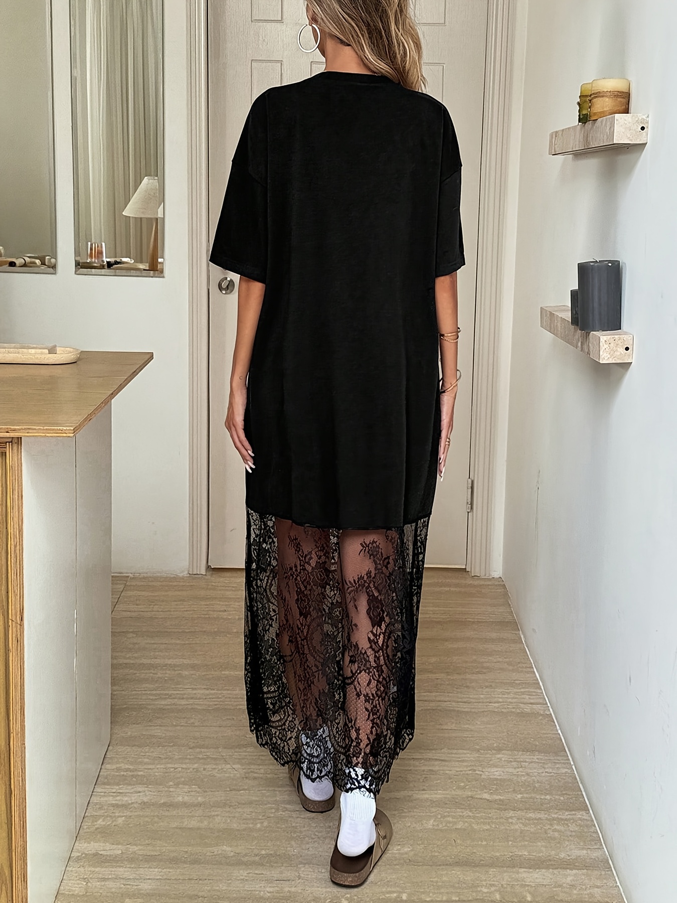 Women's Elegant Sheer Lace * T-Shirt Dress - Short Sleeve Round Neck Blouse  Style Loose Fit Dress Suitable for Daily Wear, Parties, Vacations |  Semi-Sheer Tunic Dress for Spring/Summer, Belt Not ...