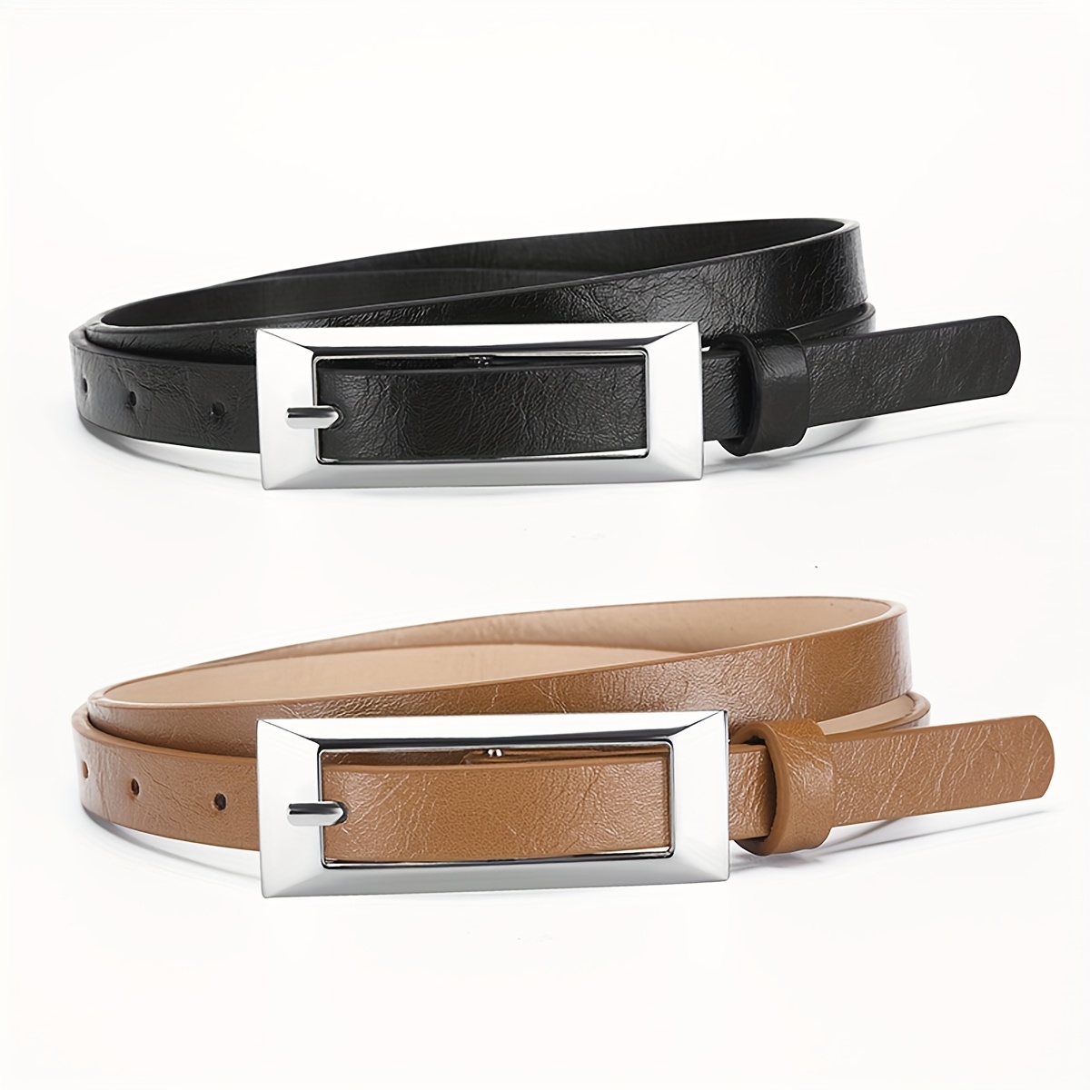 Image of 2-pack Fashionable Silvery Simple Korean Style Pu Women's Prong Clasp Belt, Classic Versatile Thin Belt For Shirts And Suits