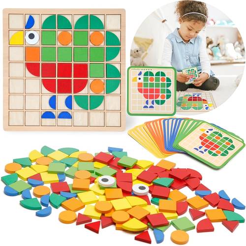 item picture wooden mosaic puzzle geometric shapes pattern blocks educational color matching board game fine motor skills and thinking development toy perfect birthday christmas gift for boys and girls