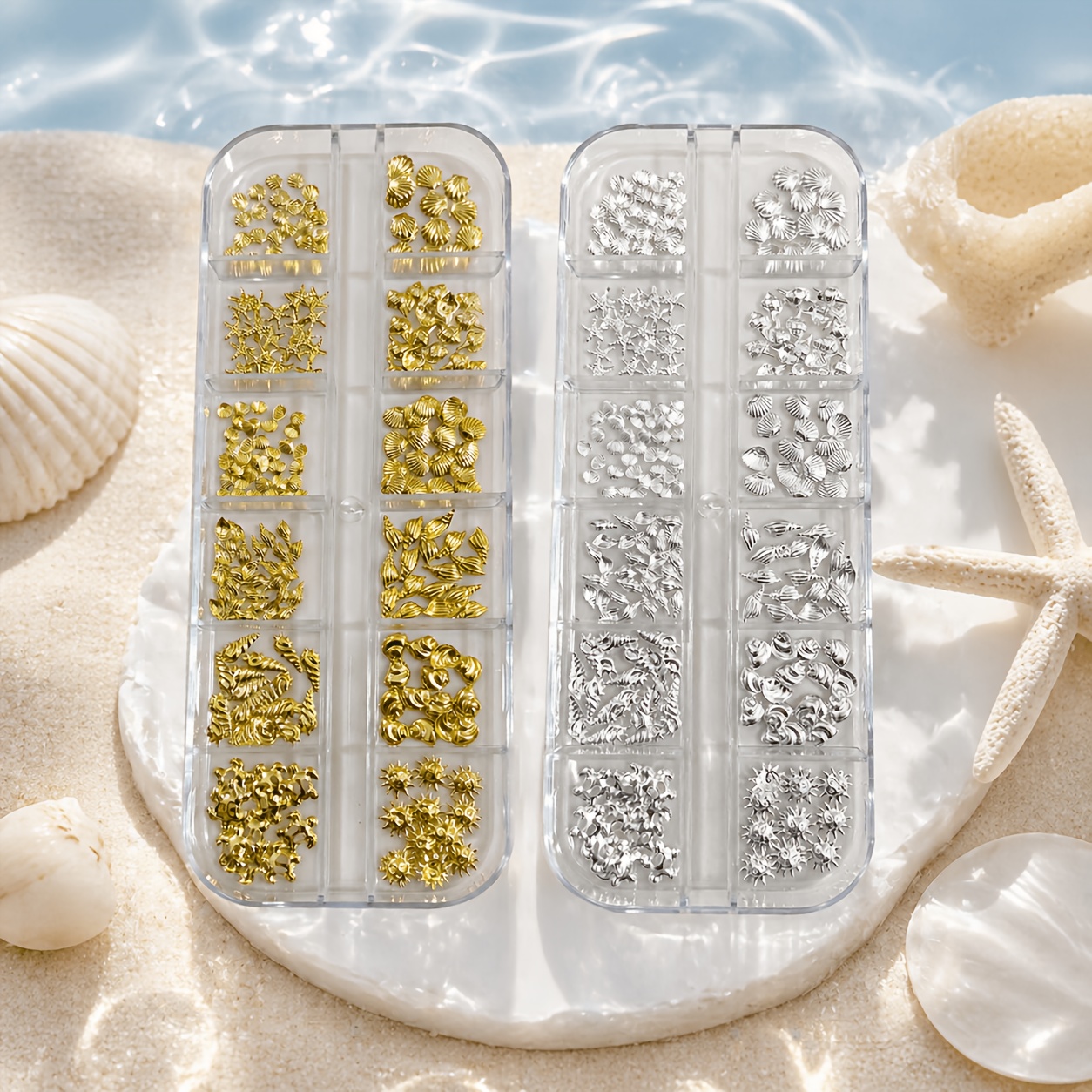 TEMU Twee-Box Zomer 12-Vaks Gouden Oceaan Thema Nagelkunst Bedelset, met 3D Marine Dieren, Gouden en Zilveren Schelp Legeringen, Gemengde Ontwerpen