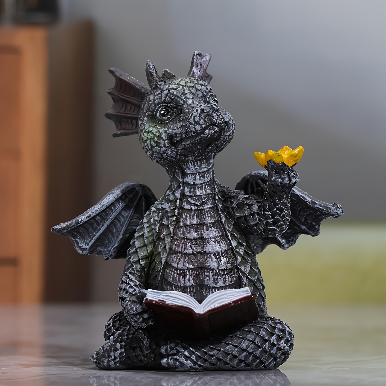 Image of 1pc Dragon Reading Book Sculpture, Cute Cartoon Resin Statue Animal Figurine, Craft For Garden Decor, 3.54''×2.65''×3.94''
