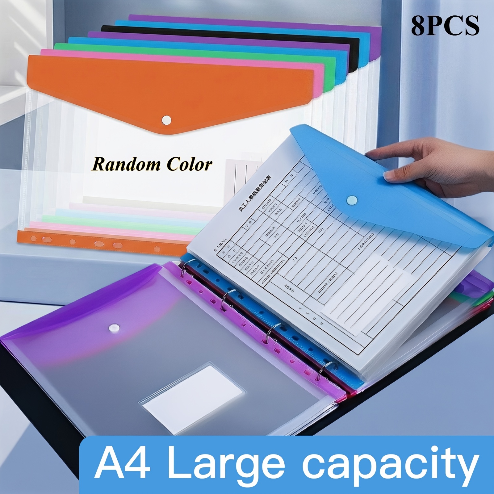 Image of 8pcs A4 Folders With Button 11-ring Binder Pockets Heavy-duty Pp File Organizers With Locking Mechanism, Random Color - Durable A4 Binder Organizers For School, Office, And Home Organization.