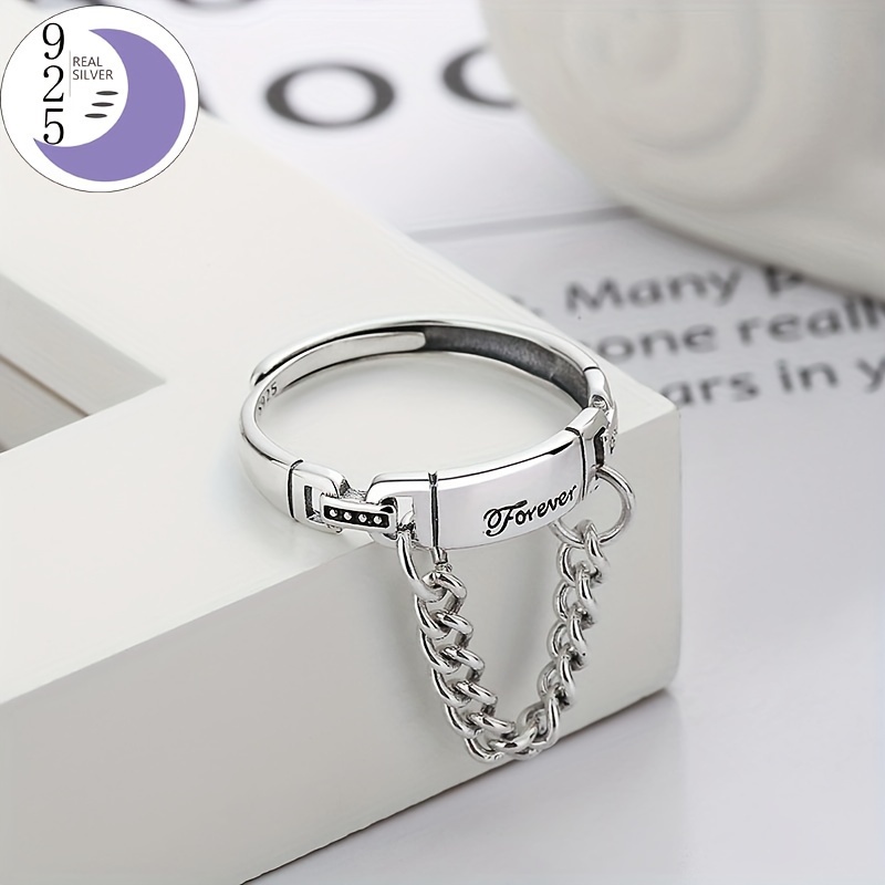 

Style vintage et simple, bague en argent sterling 925 avec motif de chaîne à pampilles, de lettres anglaises pour femmes, accessoire de mode créatif pour le port et les vacances, cadeau, poids 2.7 g