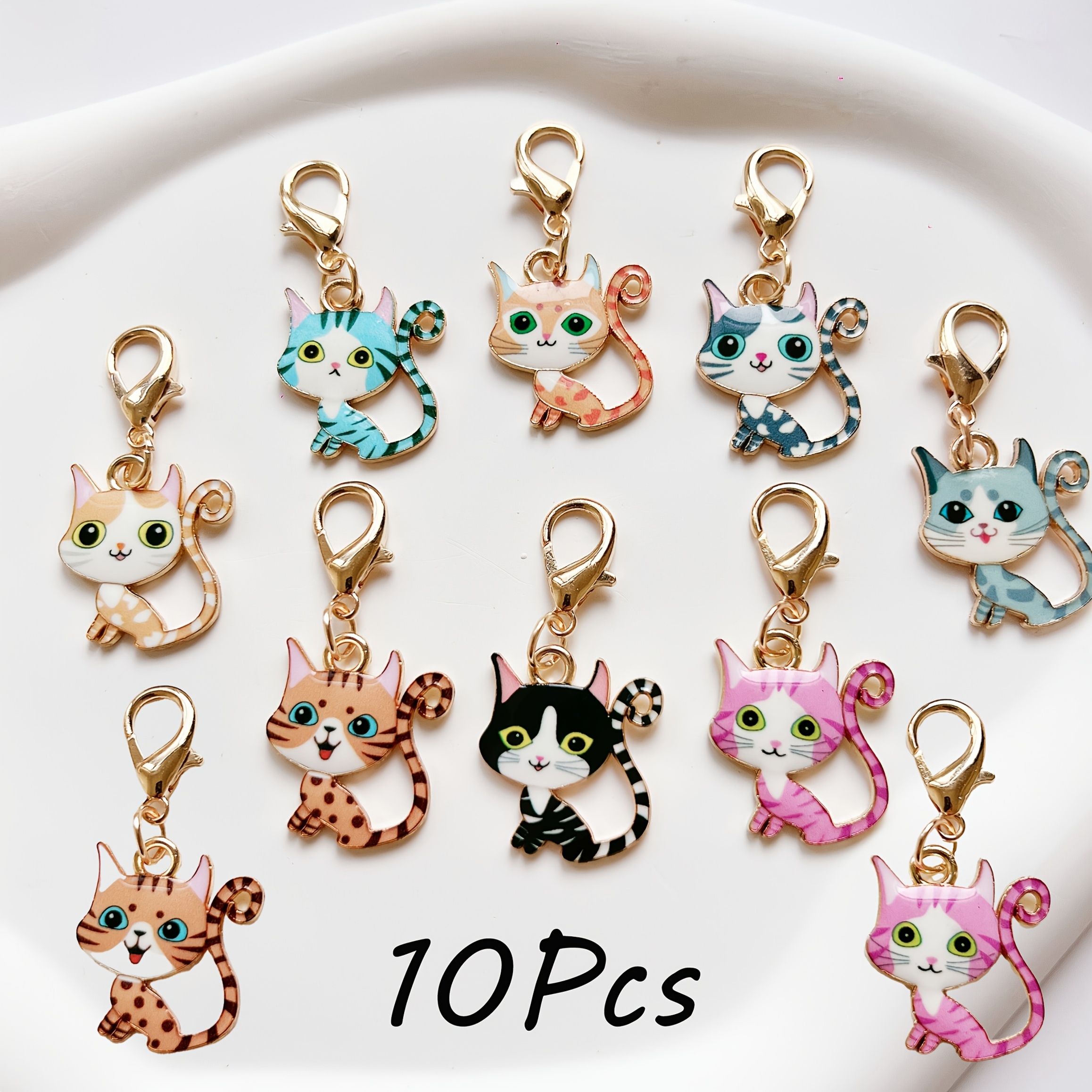 Image of 10pcs Set Of Kitten Print Key Rings Diy Bag Keychain Decoration Suitable For Teachers' Day And Mother's Day, Key Ring Kit