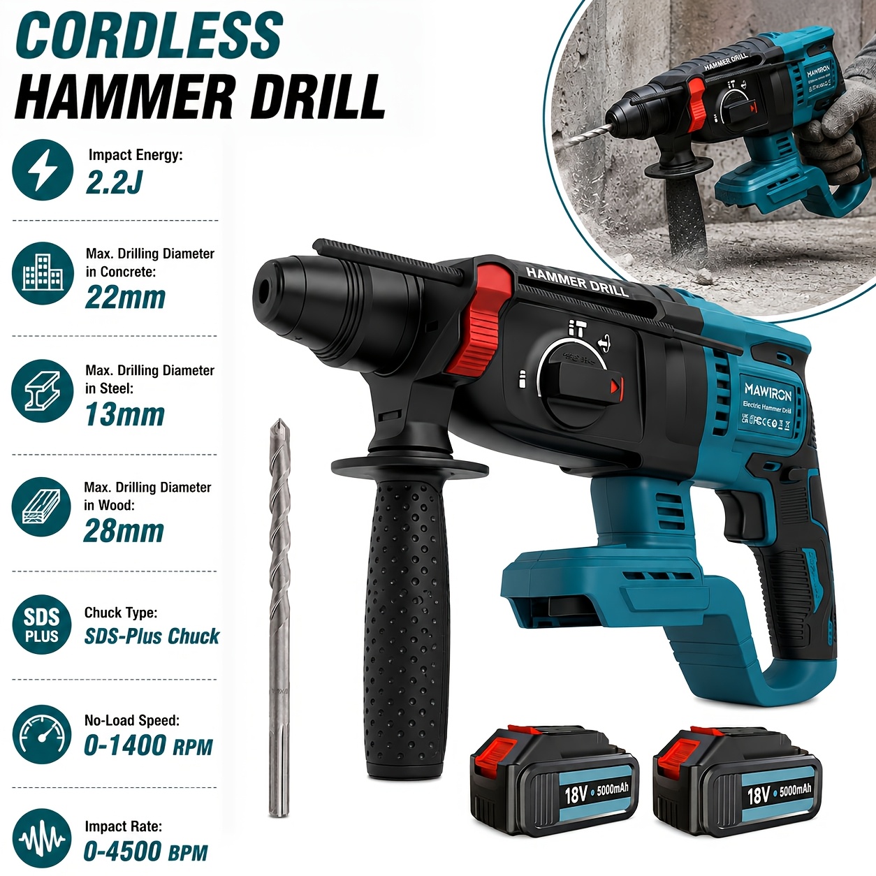 650w Electric Hammer With 2pcs 5.0ah Battery, Auxiliary Handle, Drill Bit For Concrete Wall Wood Metal Drilling Chiseling Power Tool