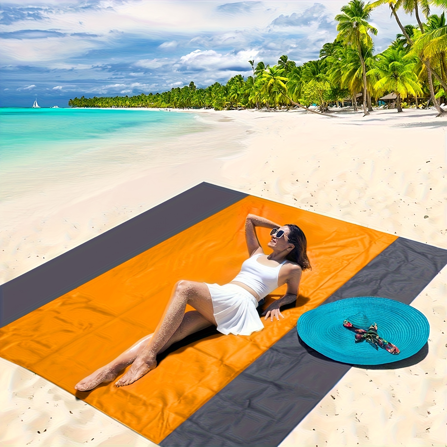 Beach Blanket , Foldable Beach Mat With 4 Corner Stakes, For Outdoor Camping Travel Vacation Hiking Polyeaster Material Oversized Lightweight Picnic Beach Blanket