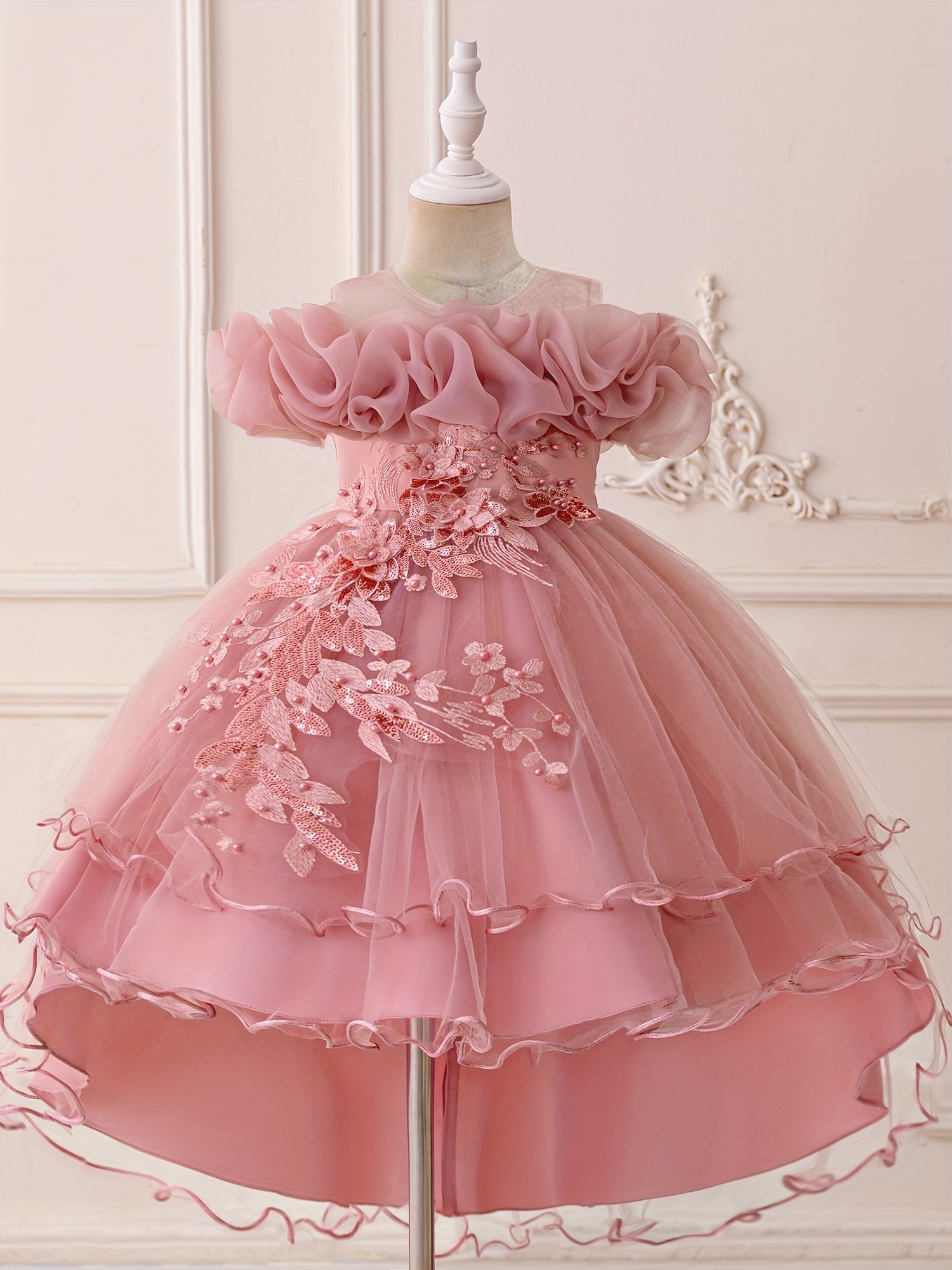 Girls' Off-the-Shoulder Tulle Party Dress with Floral & Bead Accents