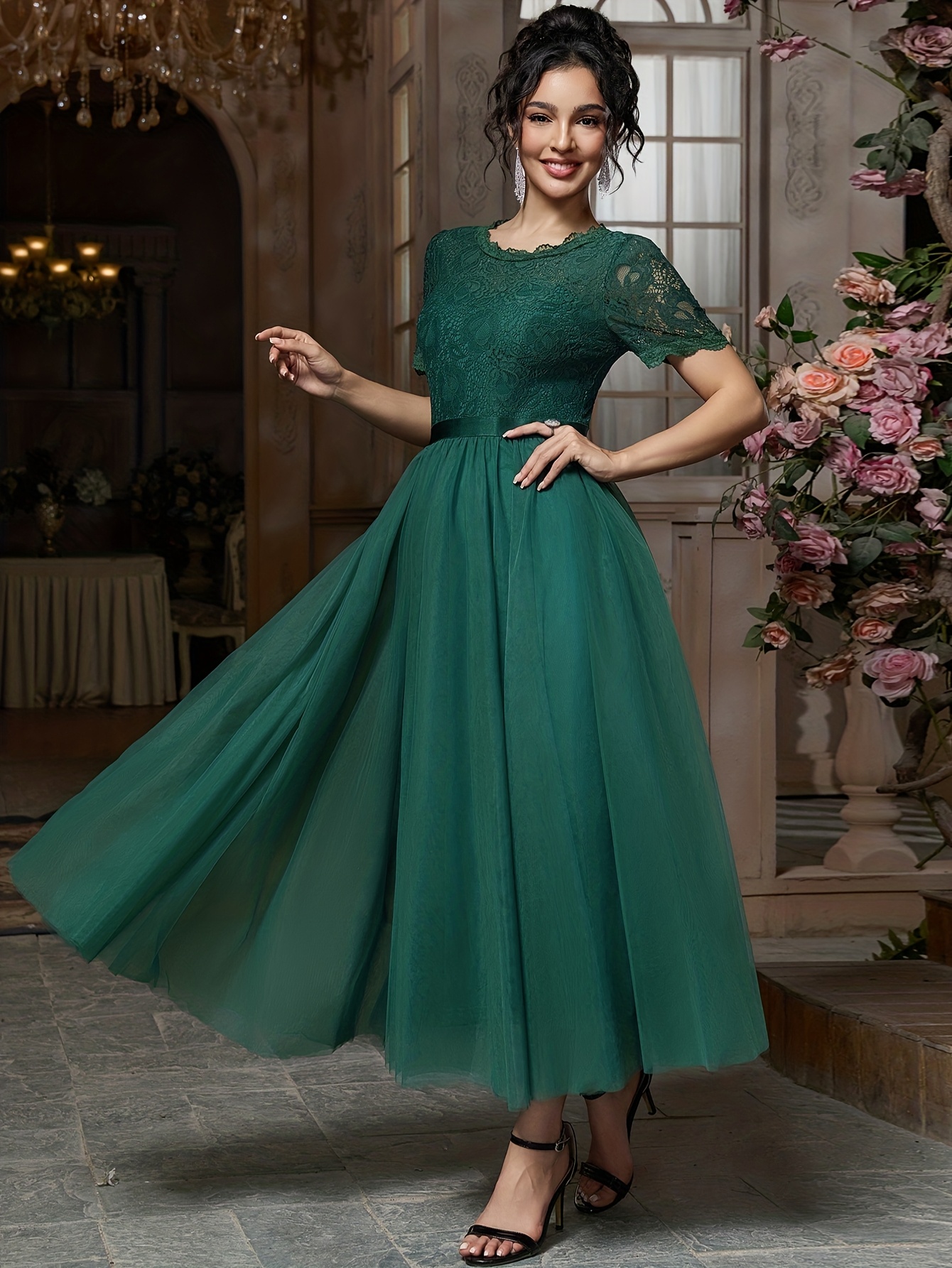 knee length dresses for ladies Mac Duggal 8302 - Tea-Length Mesh A-line Dress main image 1