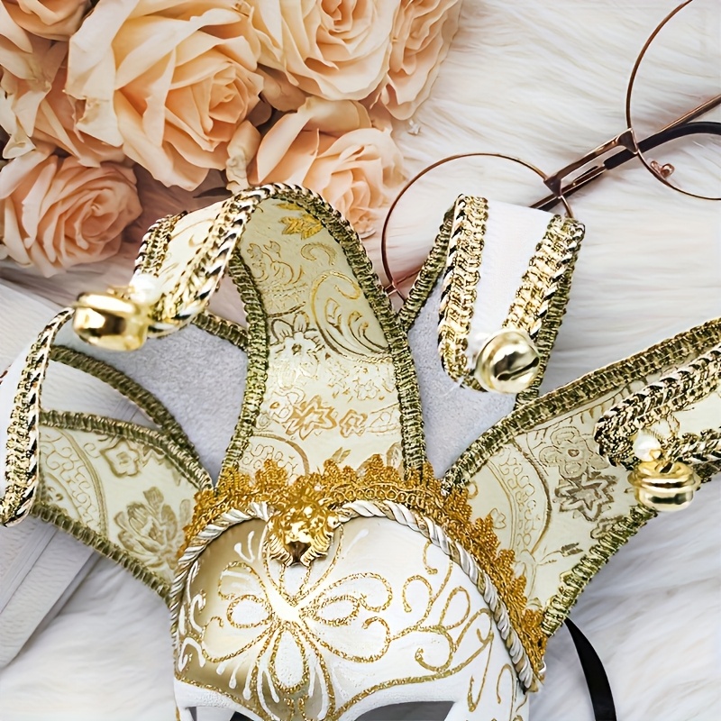 Hand-Painted Venetian Masquerade Mask - Four-Leaf Clover Design with Golden & Purple Accents, Lightweight Carnival Mask for Costume Parties, Themed Events & Festive Celebrations, Art Deco Costume, Costume Party Accessory, Ornate Horn Decorations, Durable Decoration, Intricate Detailing