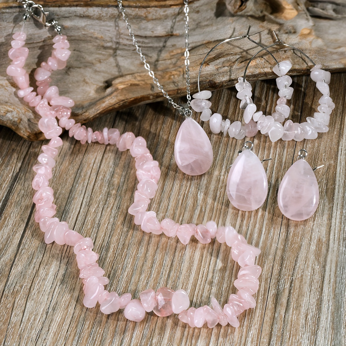 Boho 6-Piece Natural Rose Quartz Jewelry Set