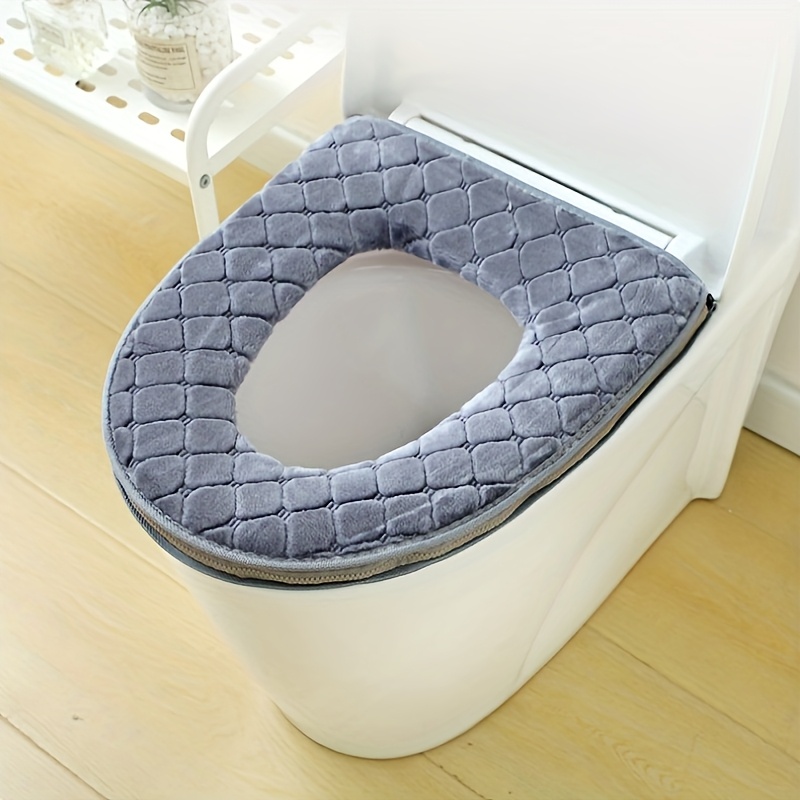 

Luxurious Plush Quilted Toilet Seat Cover - , Washable Polyester, Blue With White Zipper, Cozy Winter Bathroom Accessory