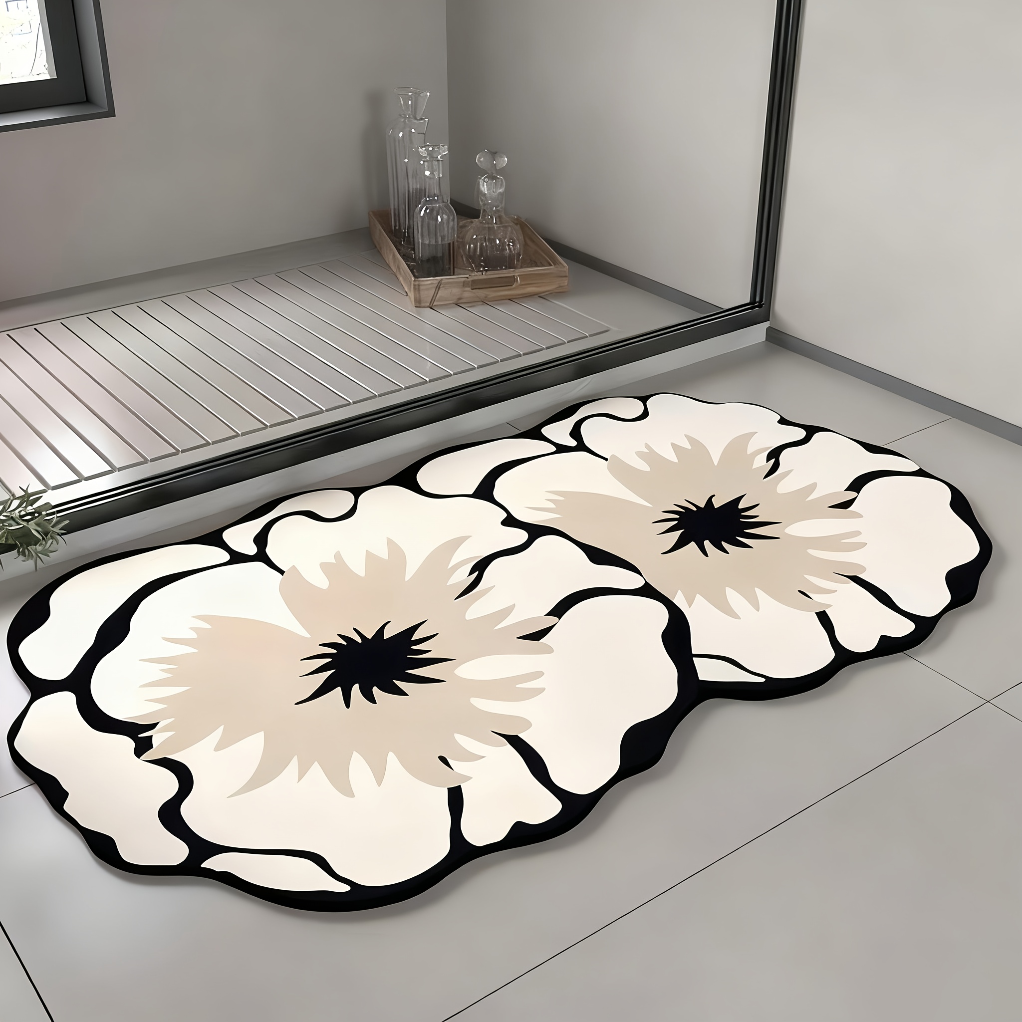 Image of 1pc Flower Pattern Diatomaceous Earth Bathroom Non-slip Mat, Decorative Floor Mat, Super Absorbent Quick-dry Soft Shower Carpet, Easy To Clean, Strong Adsorption, Non-slip And Floor Mat