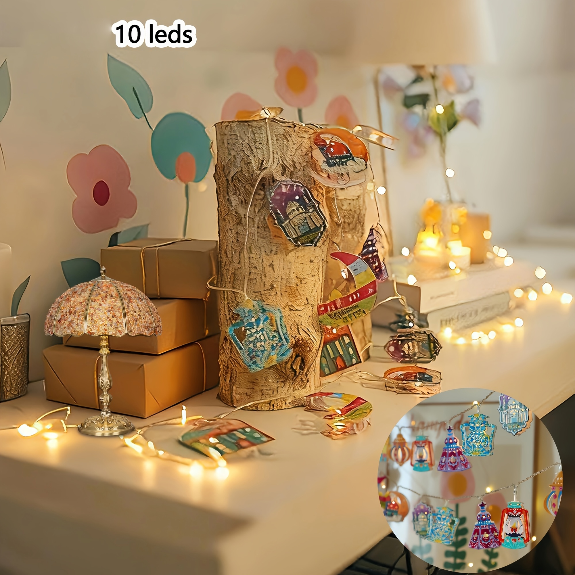 TEMU 1 Multicolor Led Ramadan String Lights - , 10 Leds, Battery-free, Arabian Design With Colorful Glass Patterns, Suitable For Ramadan Decorations,