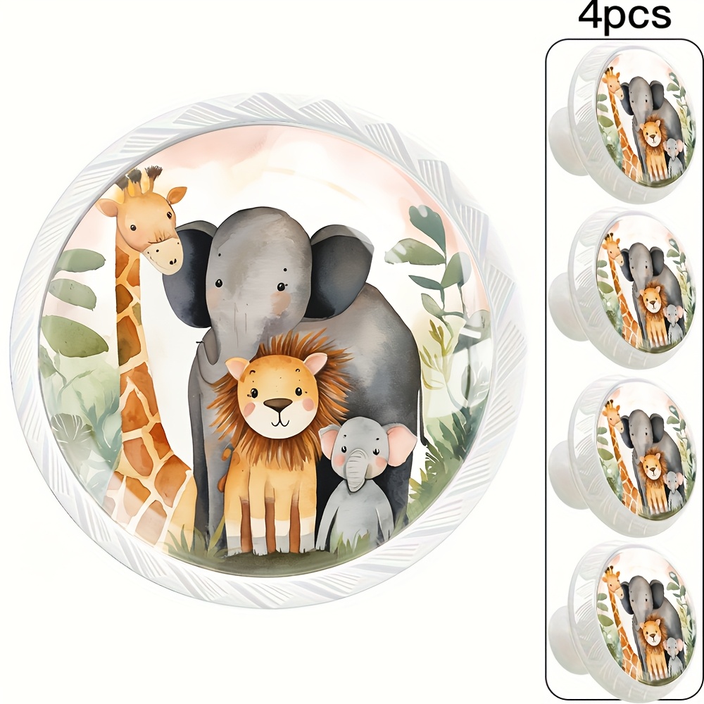 TEMU Lot de 4 boutons ronds en ABS et verre cristal transparent, , éléphant, lion, poignées décoratives pour tiroir de commode, armoire, placard de