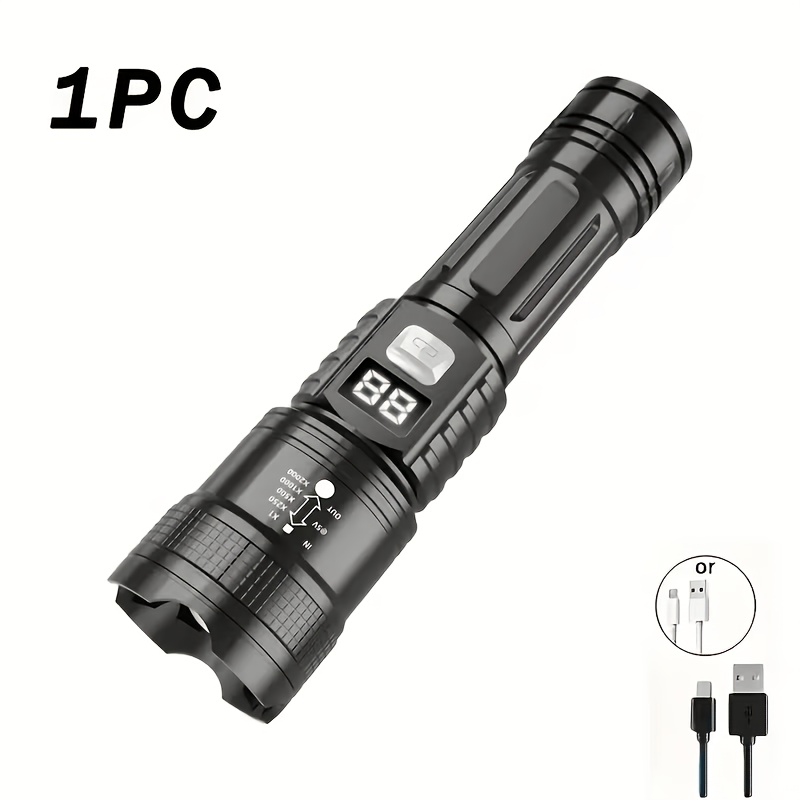 TEMU 1pc Lampe de poche tactique portable LED, et réglable IP44, Batterie rechargeable 400Mah, Lampe de camping à chargement USB, Faisceau réglable,