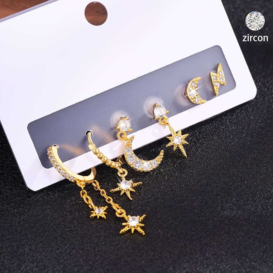 

6-piece Set Of Earrings, Fashionable And Elegant Moon And Star Design, Micro Inlaid Zirconia Copper, Daily Wear, Graduation Season, Multi-piece Set