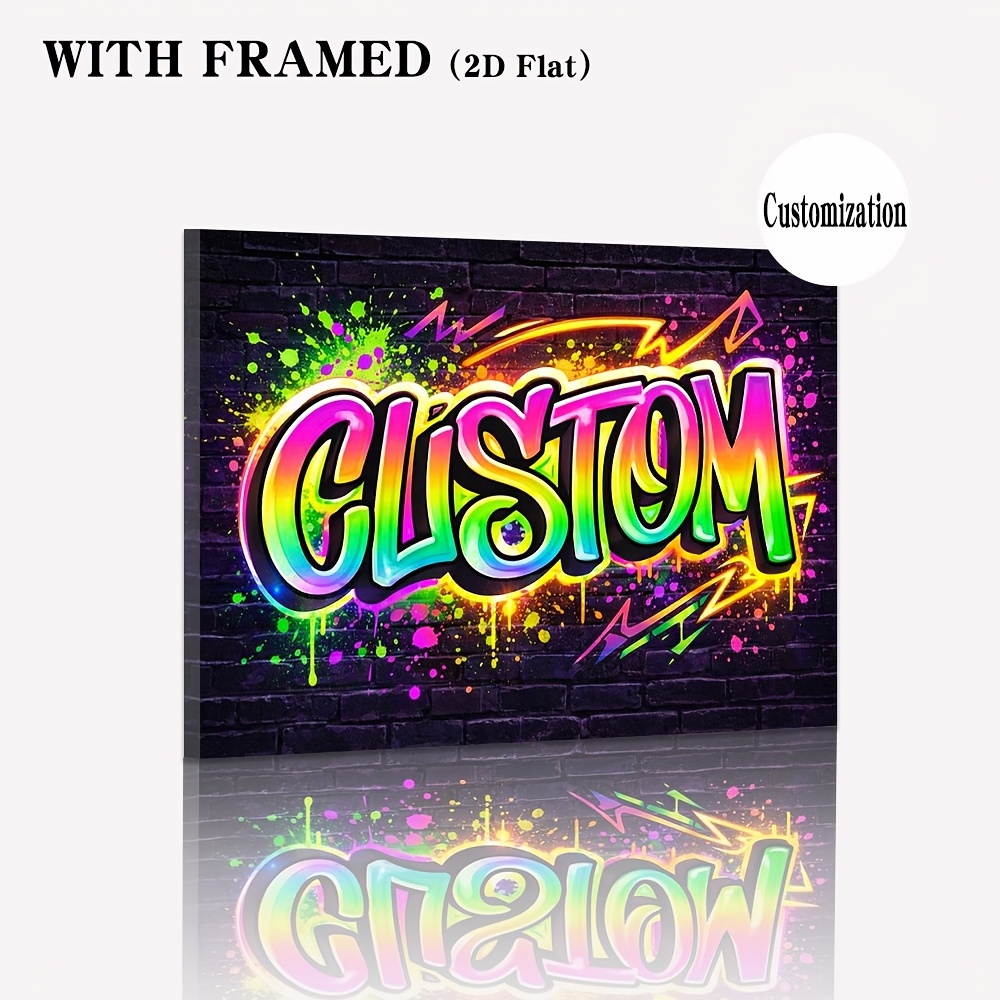 TEMU 2d Flat, Personalized Neon Graffiti Custom Poster - Wood Frame Wrap-around Canvas Suitable For Name Sign, Wall Art With Your Text/, Hook