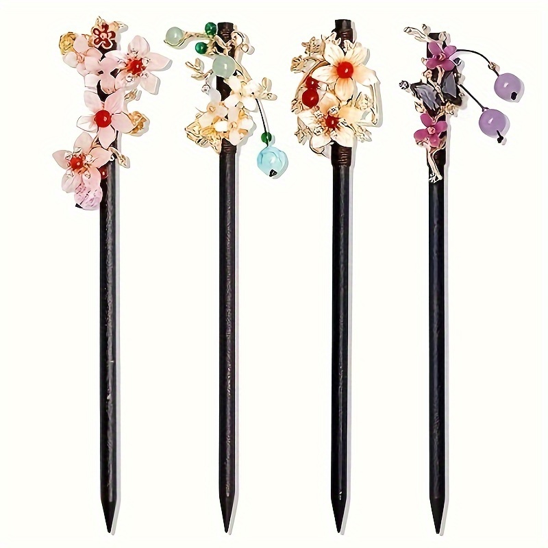 

Elegant 4pcs Vintage Floral Wooden Hair Stick Set - Long Hair, Ideal Gift For Women & Girls