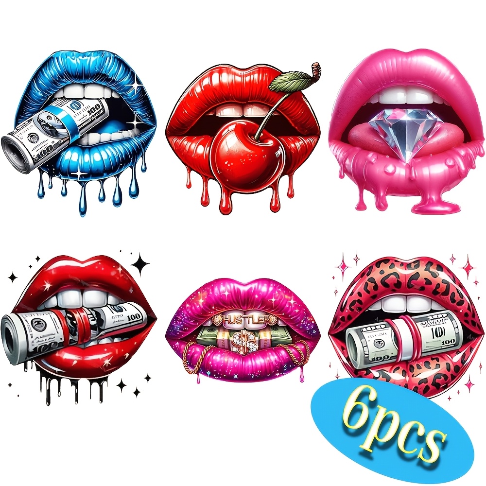 E-shop 6er Set Sexy Lippenabdruck Aufbügler Aufkleber, geeignet für Thermotransfer Vinyl Aufkleber für T-Shirts und Kleidung, Elfenbeinweiß