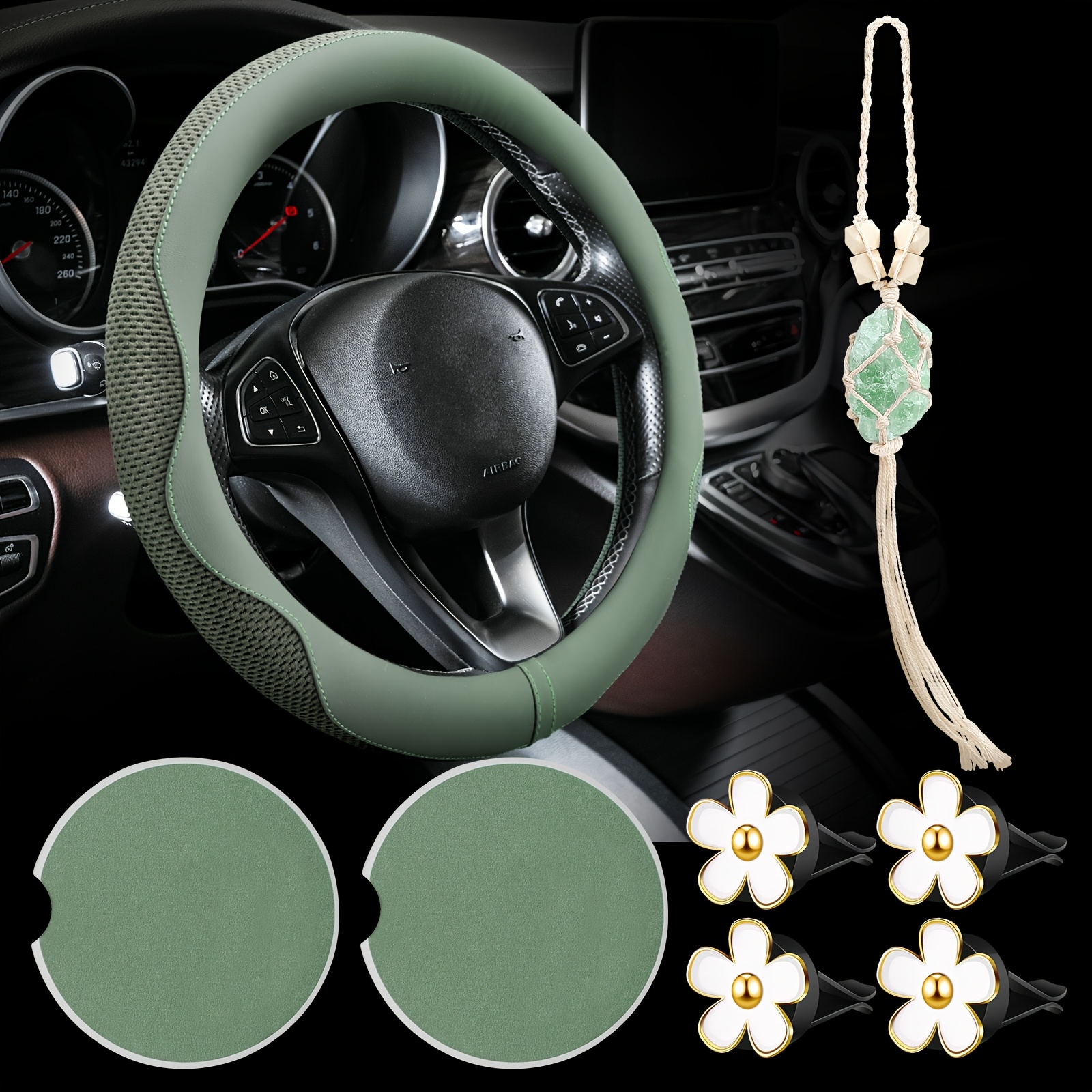 

Car Accessory Set - Steering Wheel Cover, Ceramic Mat, Daisy Flower Clip Car Air Freshener, Hanging Ornament