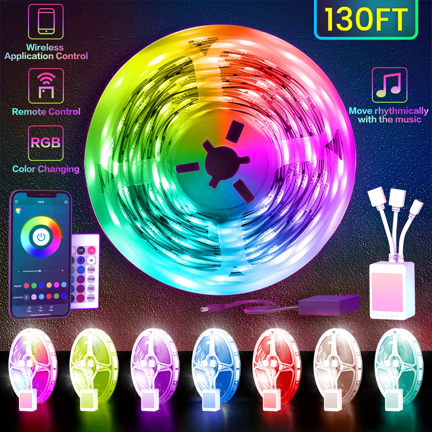 

130ft Rgb Led Smart Light Strip - Music , 24-key Remote & App, Us Plug 24v, 25-130ft , Color-changing, Ideal For Home, Party, & Christmas Decor