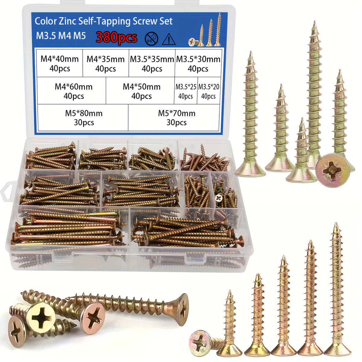 E-shop 380-tlg. M3,5 M4 M5 farbiges Holzschrauben-Set, Kreuzschlitz-Schlitzkopf-Selbstschneidende Schrauben, versenkte Metallschrauben