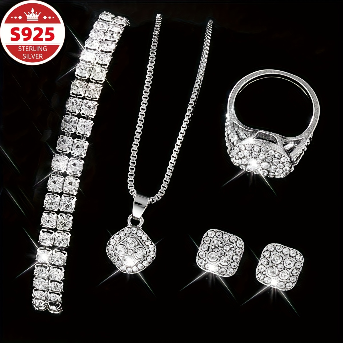 TEMU S925 Sterling Silver Women's Jewelry Set, 4pcs Set Including Bracelet, Necklace, Ring, And Earrings, Total Weight 15.22g. Light Luxury, Easy And