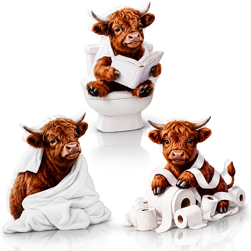 Image of 3pcs Highland Cow Figurines - Wooden Scottish Cow Statues, Rustic Tabletop Decor With Adorable Calf & Cow Centerpieces Suitable For, Farmhouse,, Bathroom Shelf Decoration - Wooden Cow Decorations