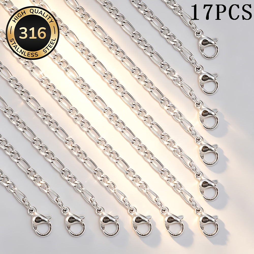 TEMU Collier Figaro en acier inoxydable 17 pièces, chaîne d'extension +5 cm/1,96 pouce, imperméable, durable, non revêtu, matériau hypoallergénique,