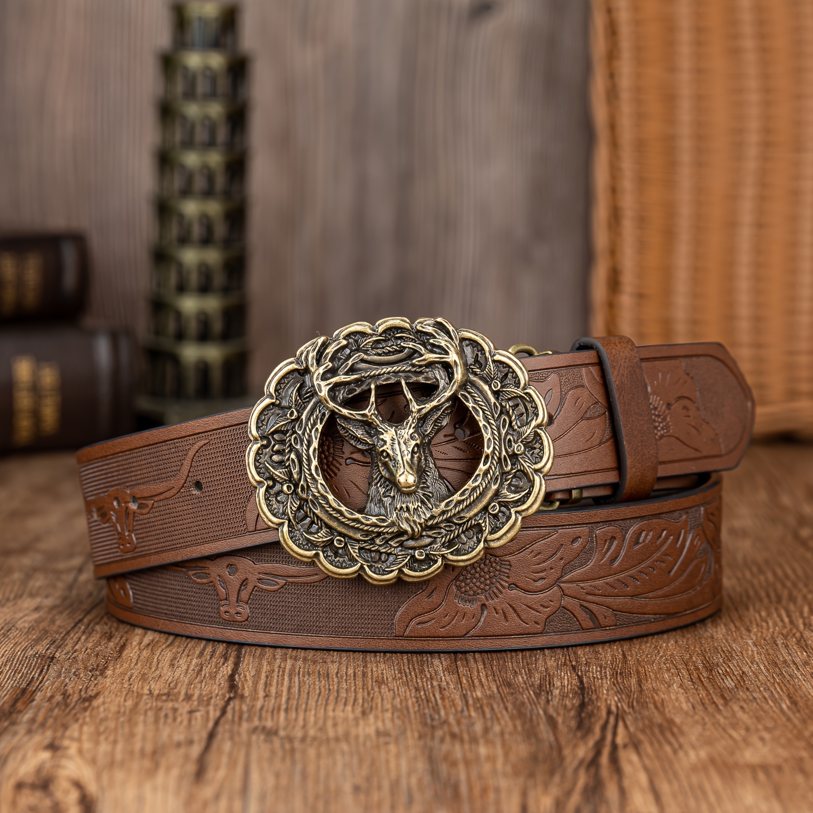 Lace Hollowed-out Deer Head Large Personalized Trendy Belt Pu Embossed Faux Leather Belt Men's Belt