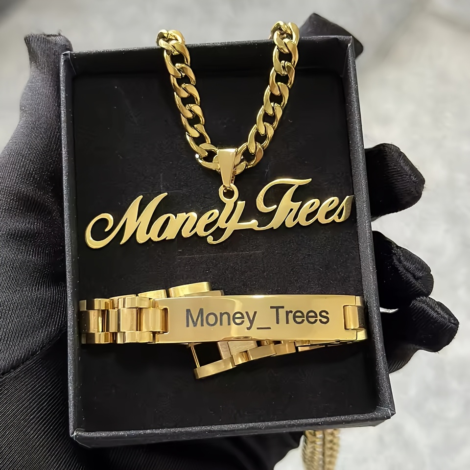 TEMU 's Name Bracelet Necklace Set Stainless Cuban Chain Large Nameplate Pendant Carved Name Bracelet Custom Set Jewelry Gift For Father, Perfect For