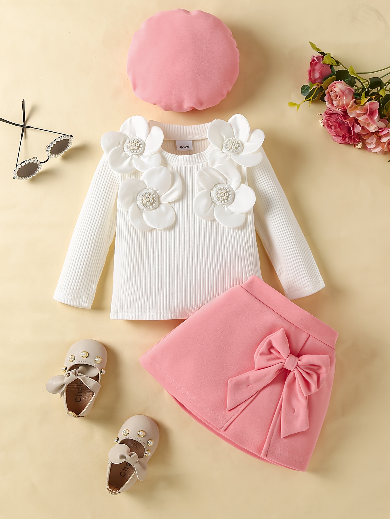 newborn baby girls set 3pcs spring autumn fashionable dress with   bow and floral embellishments long sleeve half length skirt with hat   outdoor Product details 7