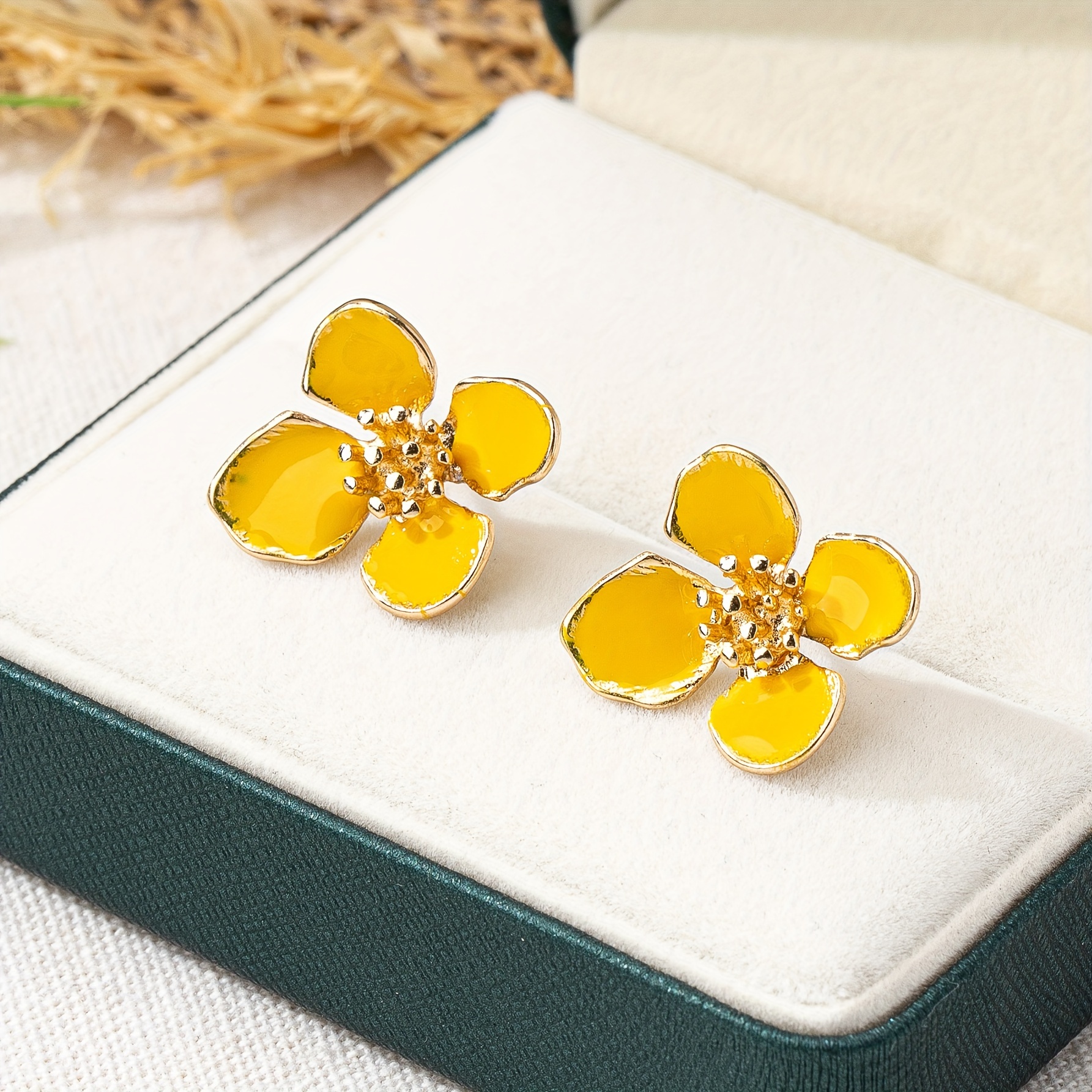 French Women's Flower Stud Earrings, Golden Plated