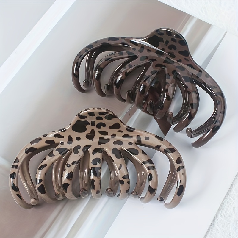 TEMU 2pcs Large Leopard Print Pumpkin Claw Clip, Elegant And Versatile Hair Styling Shark Clip, Suitable For Thick Hair Hairpin Headwear