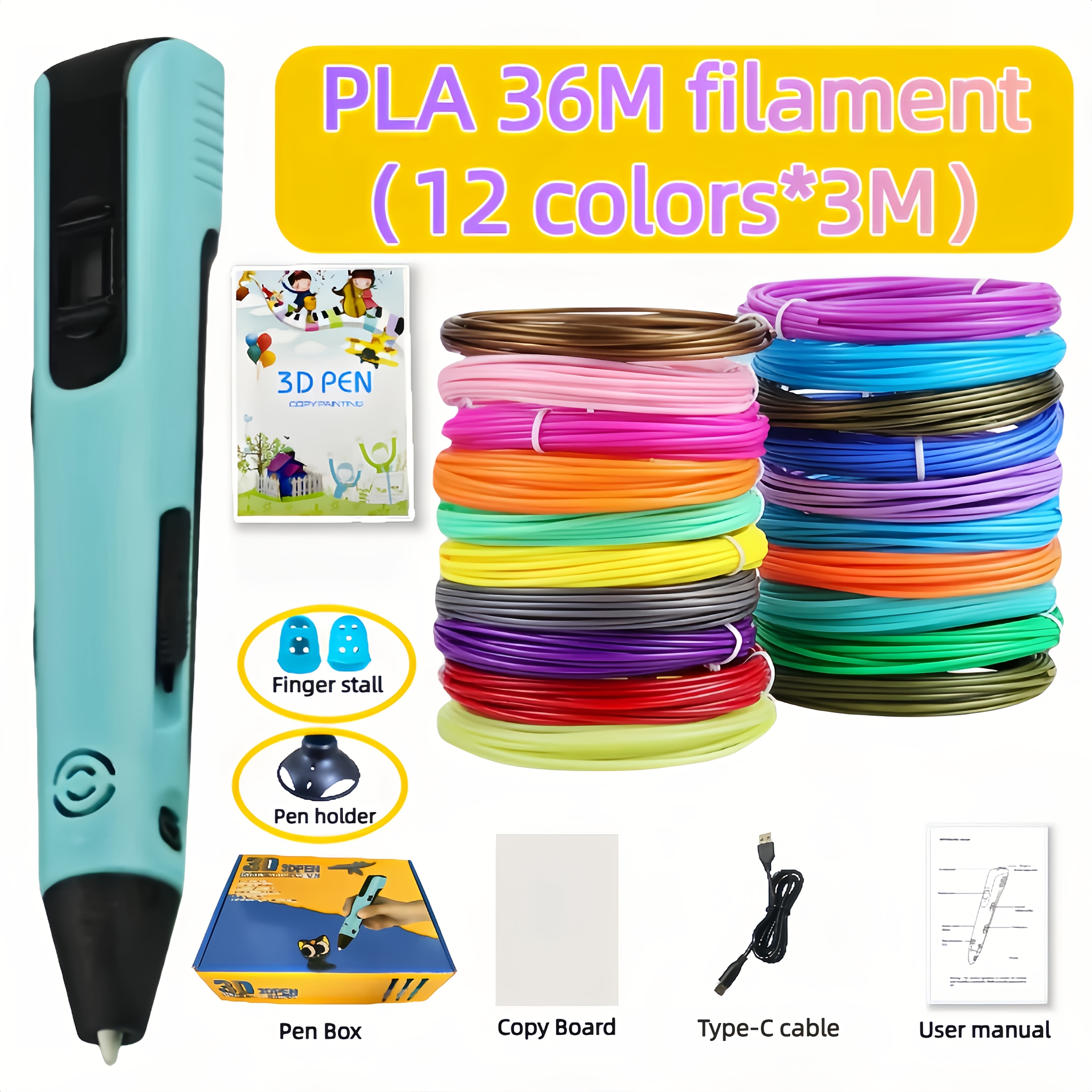 1set 3d printing drawing pen kit   12 colors 3 meters of pla material finger cots 22 pattern drawing boards with type c cable base manual multi mode craft tool creative holiday gift
