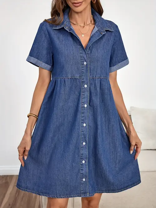 여성용 우아한 데님 드레스, 반팔 버튼업 라펠 칼라와 대조 트림, 캐주얼 여름 패션