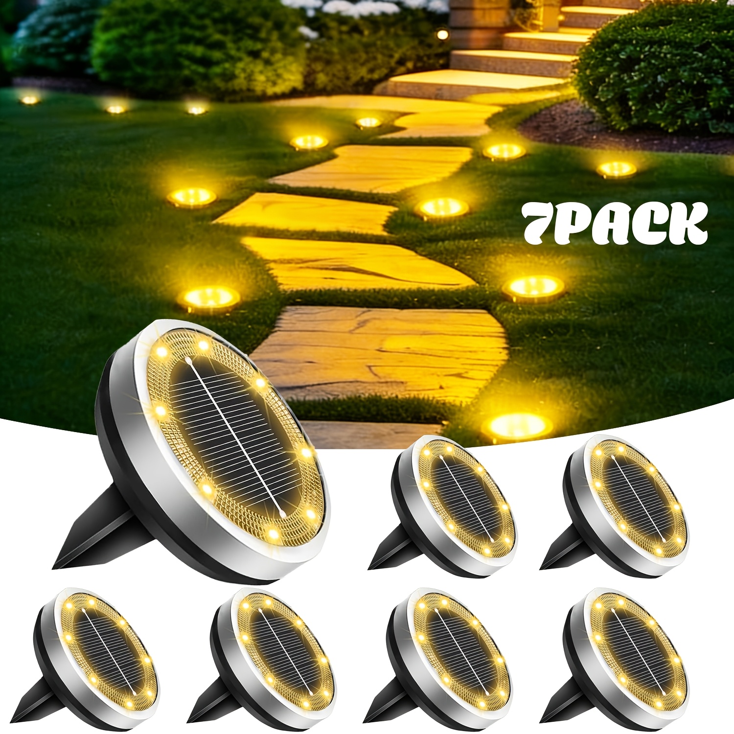 E-shop 7er/5er Set Solar Bodenleuchten für Außen, IP44 Verbesserte Solar Gartenleuchten, Edelstahl Solarbetriebene Scheiben Landschaftsleuchte für