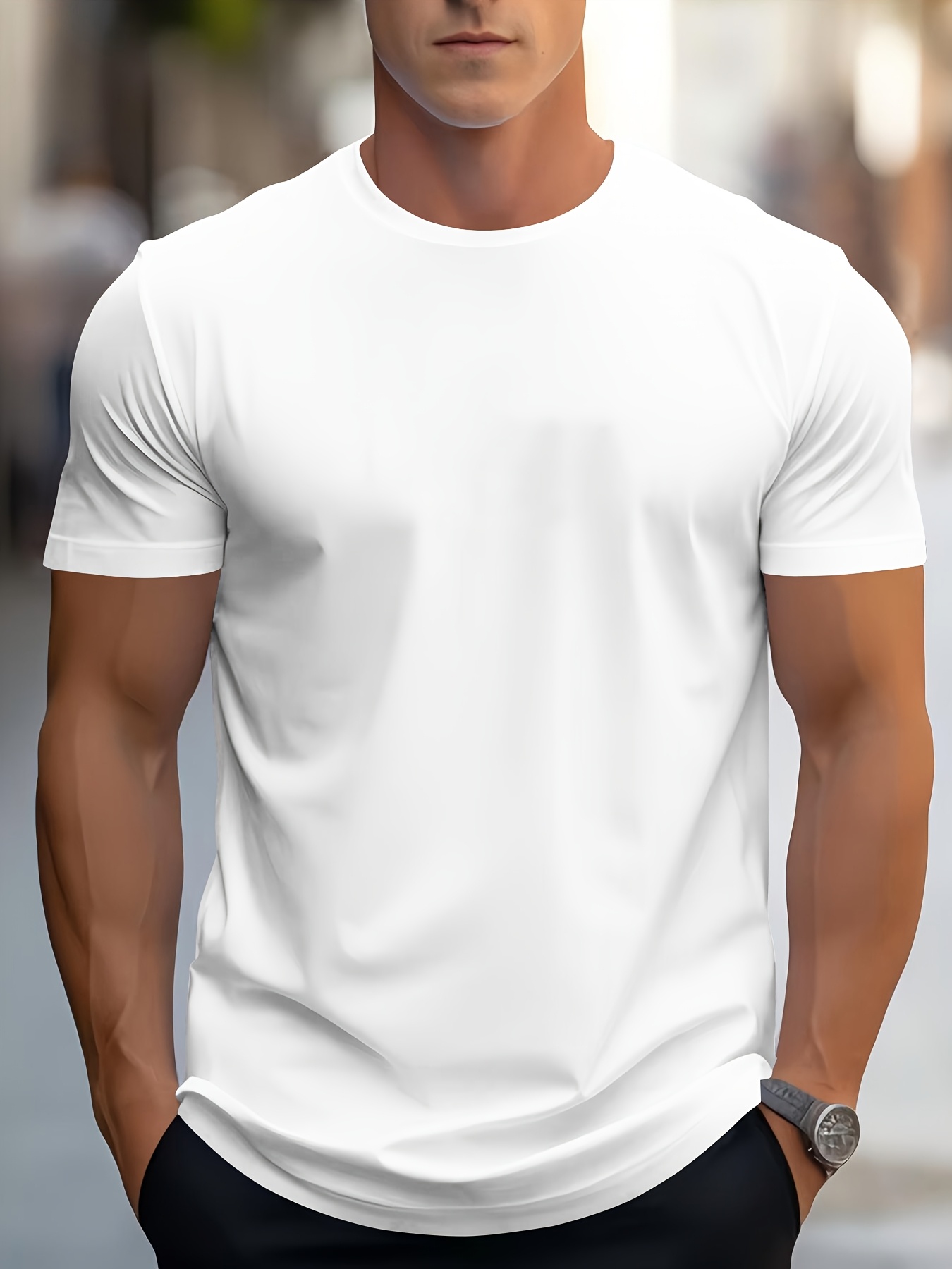 camiseta de hombre de color liso, manga corta, de    , para deportes  , casual y de vacaciones