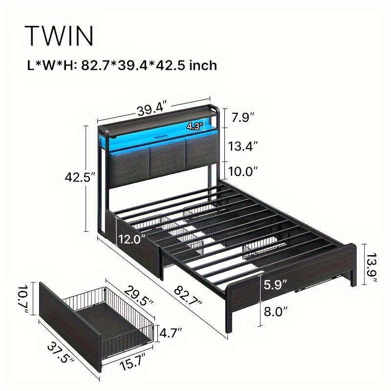 TEMU Bed Frame With Charging Station & 4 Storage Drawers & Rgbw Led Lights, Linen Upholstered Headboard With 2-tier Storage, Stable Metal Platform Bed, No Box Spring Needed, No Noise, Dark Grey